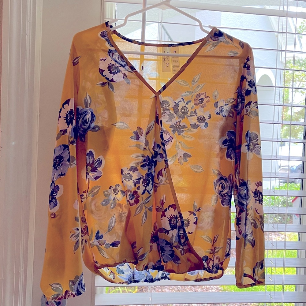 Yellow sheer floral pattern shirt. Size medium